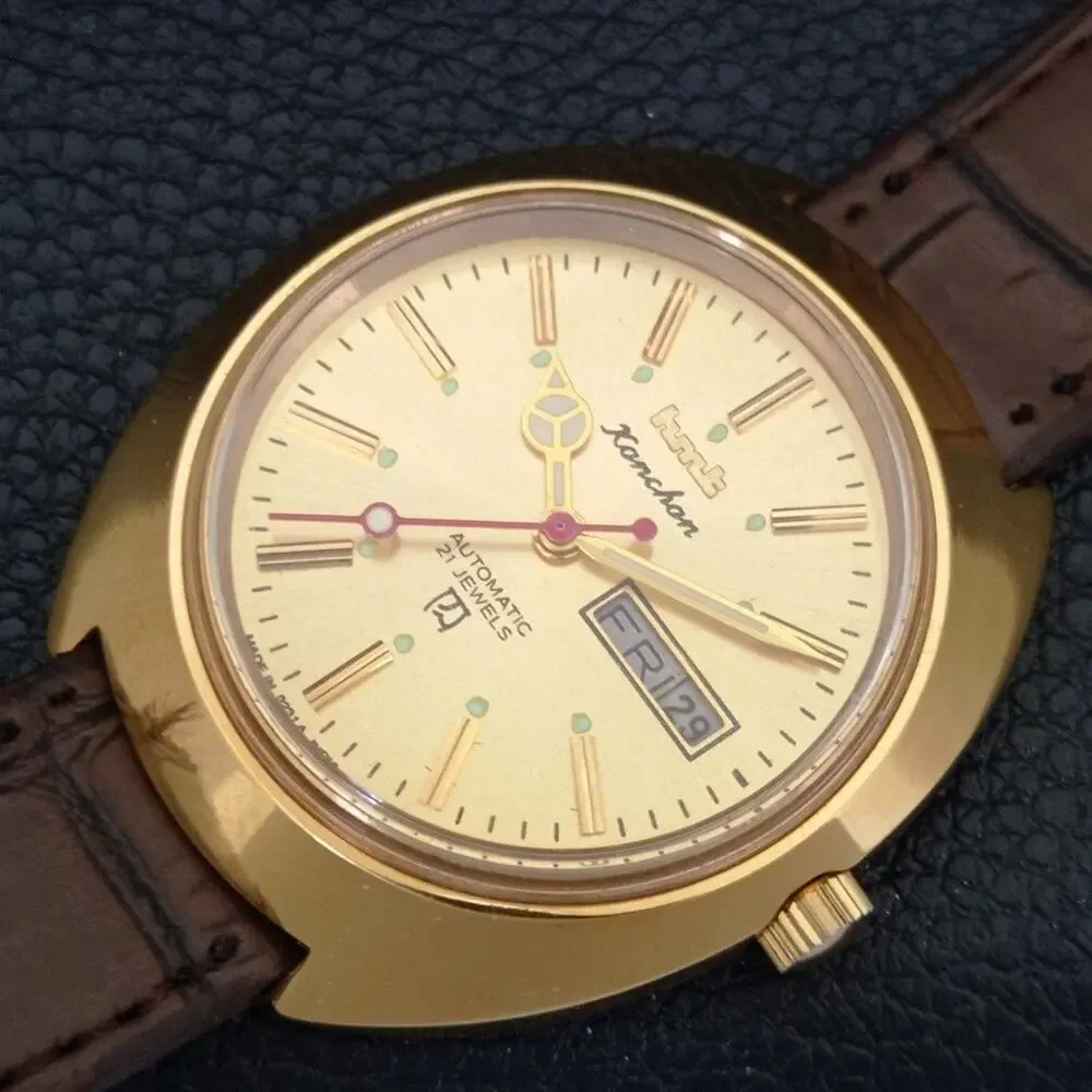 Vintage 1976 HMT Automatic Wound Mens Gold Watch W/daydate & Red accents